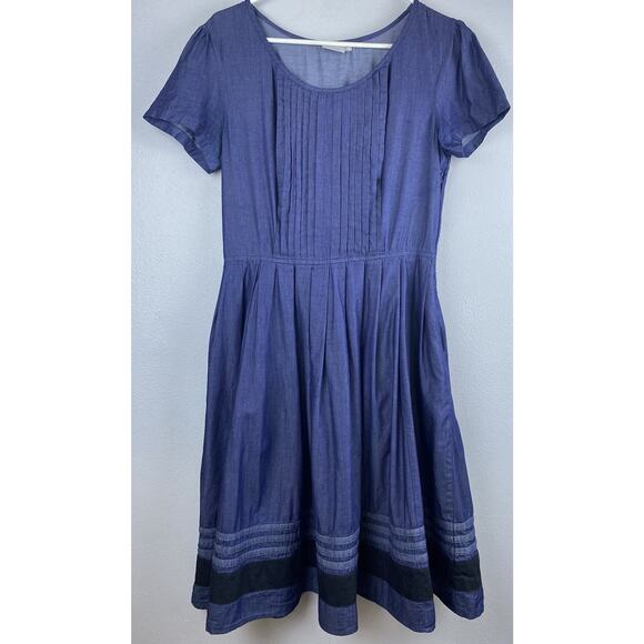 EShakti Sz M (10) Chambray Pintuck Puff SS Fit’N’Flare Black Trim Full Skirt Drs - Picture 1 of 14